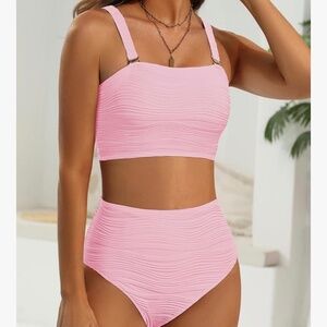 High Waisted Bandeau Bikini Set Women Strapless Two Piece Swimsuits Ribbed pink